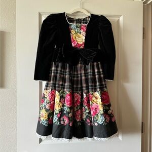 Vintage Daisy Kingdom Floral Tartan Plain Velvet Dress Size 7 Girls EUC